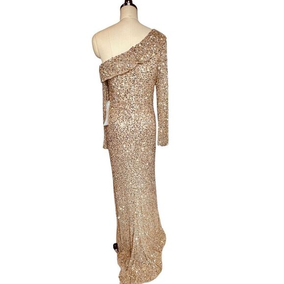 Mac Duggal Gold Sequin One-Shoulder Maxi Dress - Picture 5 of 10